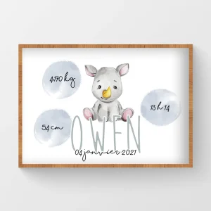 Affiche naissance aquarelle Rhinocéros – Owen